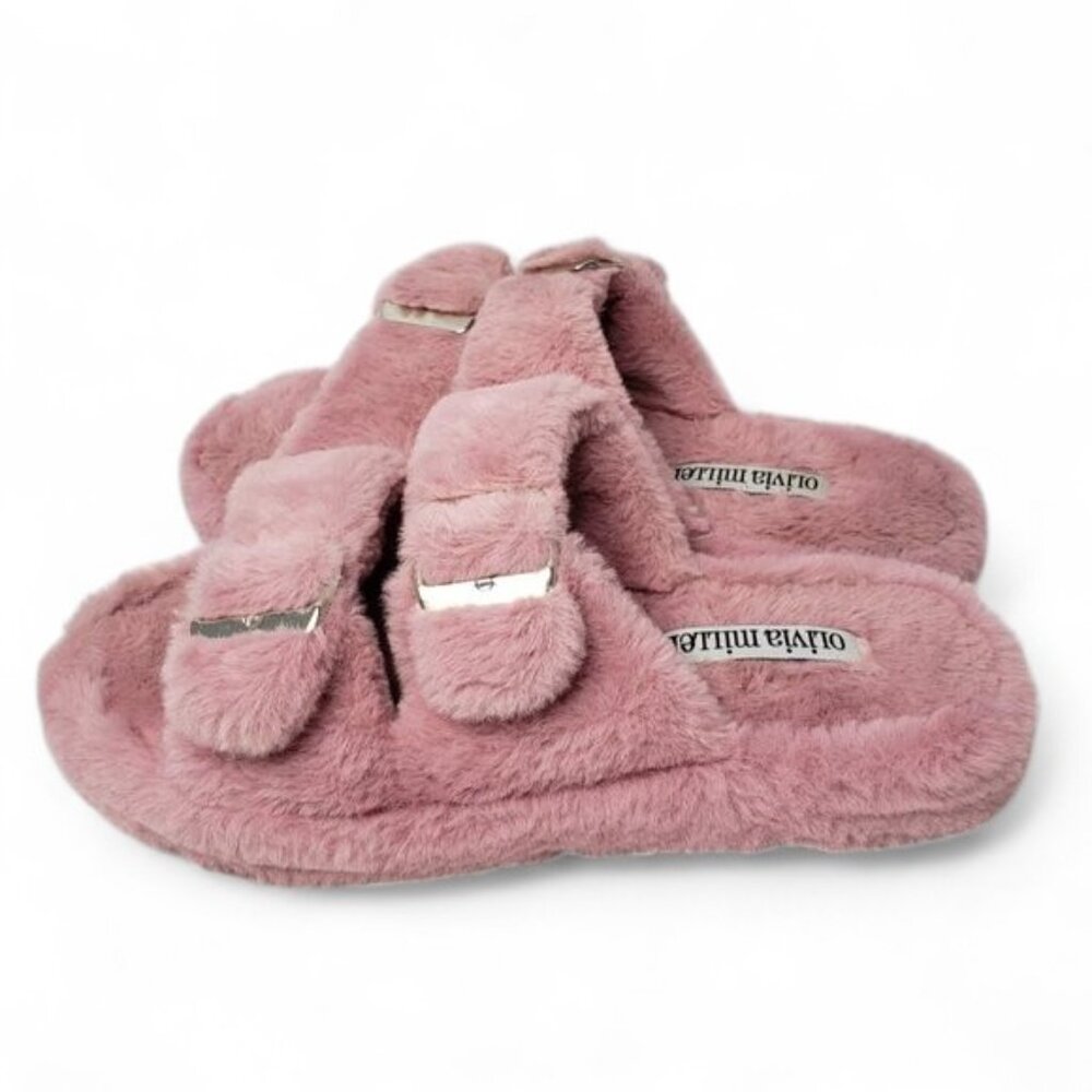 Olivia Miller Plush Furry Strappy Slippers‎ Women's Barbie Pink Comfy Lounge 9
